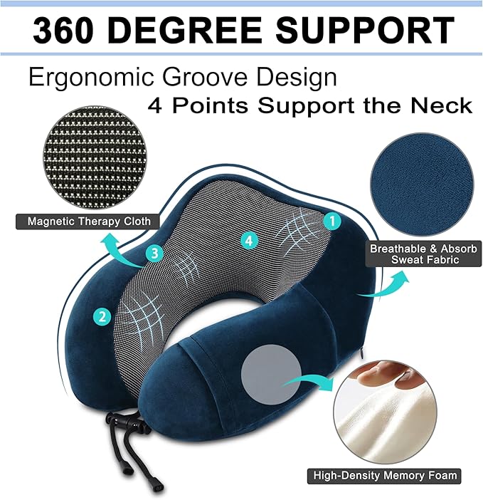 Travel Pillow and Blanket Set Neck Pillow Airplane Memory Foam for Traveling Compact with Bag Navy