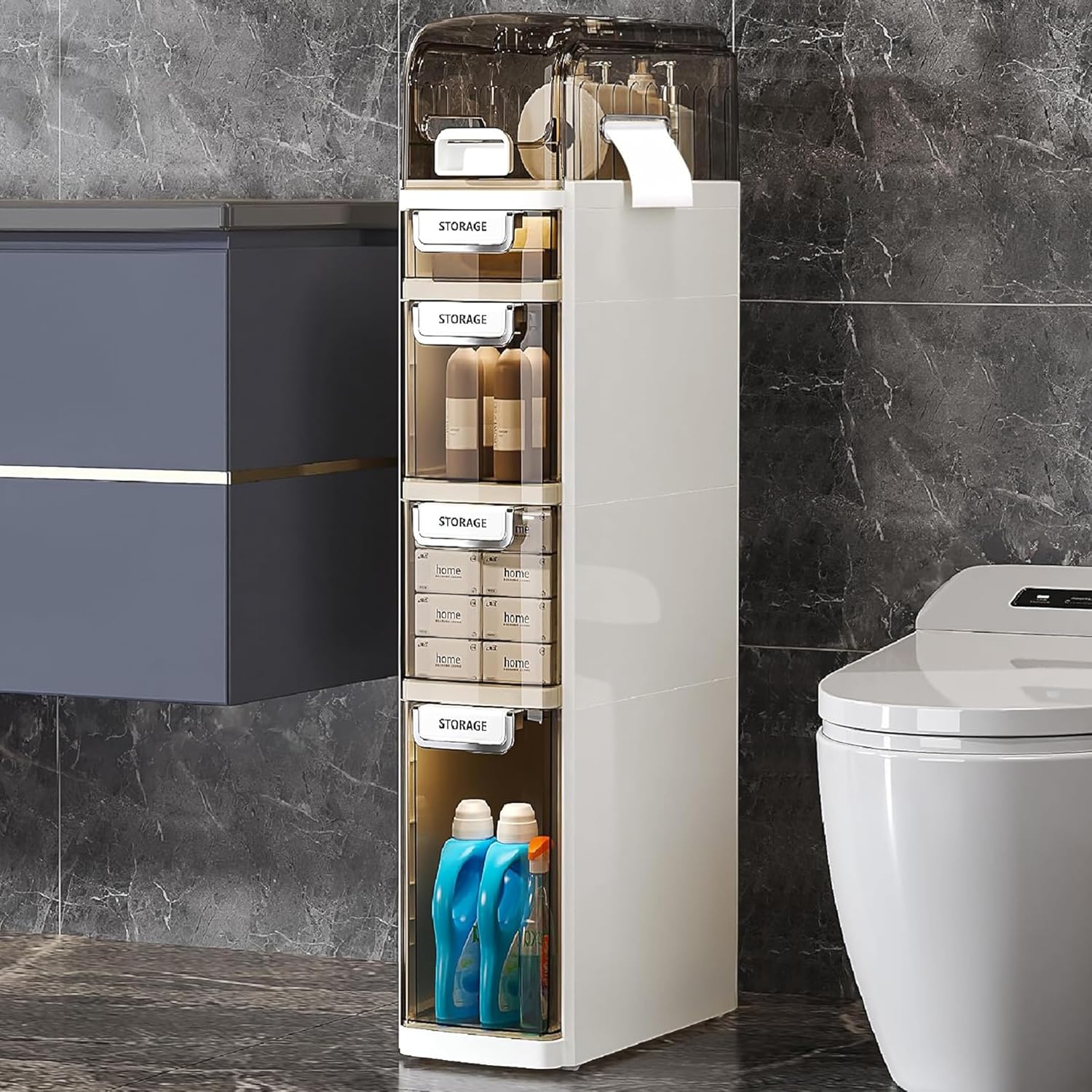 VECELO 5-Tier Narrow Beside Toilet Storage Cabinet, Plastic Bathroom Organizers and Storage with Drawers & Wheels, Space-Saving, Slim Toilet Paper Storage for Bathroom, Laundry Room, Small Space