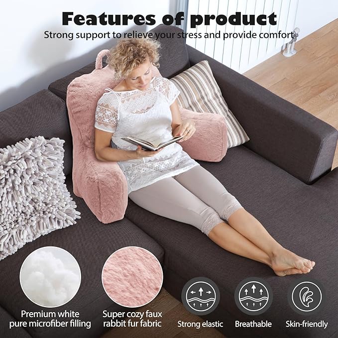 Reading Pillow Large Bed Pillow,Backrest with Arms, Back Support for Sitting Up in Bed, Couch for Lounging Bedrest,Pink