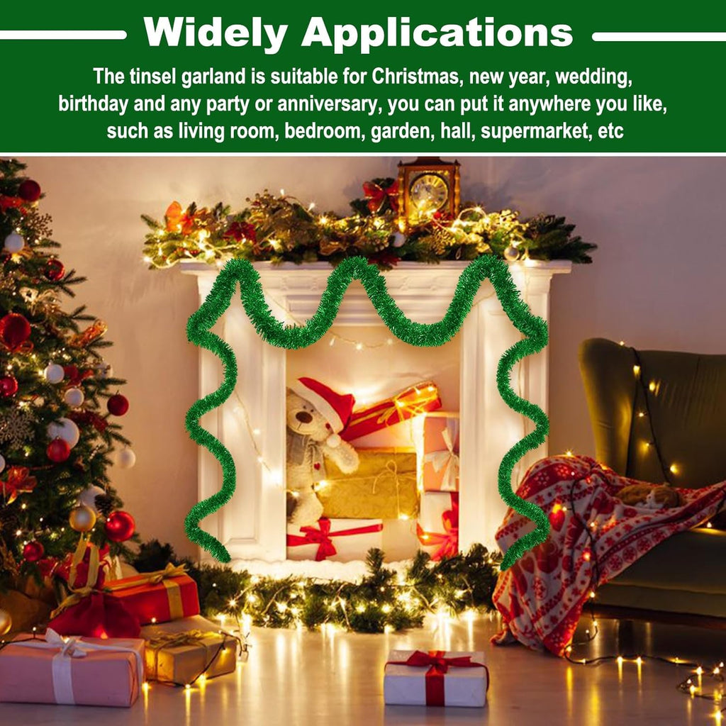 25 Feet Metallic Twist Tinsel Garland Backdrop for Parade Floats, Christmas Eve, New Year, Valentine's Day Party Decorations (Green, 4in x 25ft)