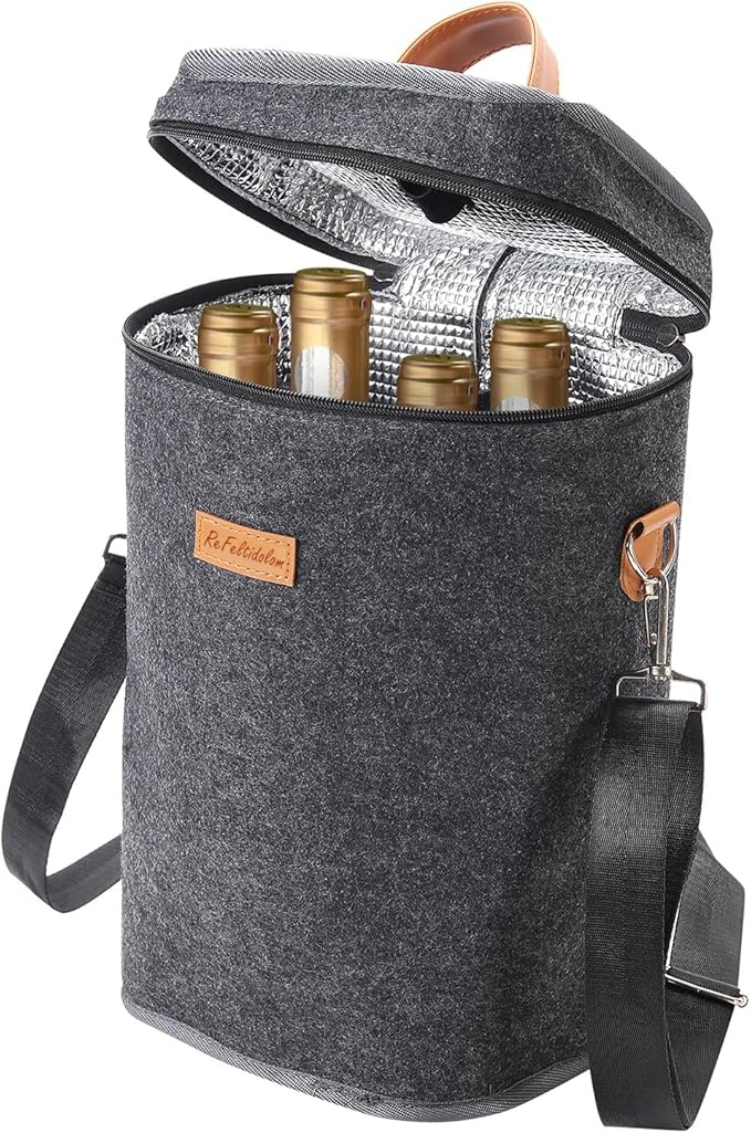 4 Bottle Carrier Tote, Thicken Felt Wine Carrier Padded Portable Wine Bottle Bag with Leather Handles & Shoulder Strap for Party, Picnic, Travel, BYOB (Dark Grey)