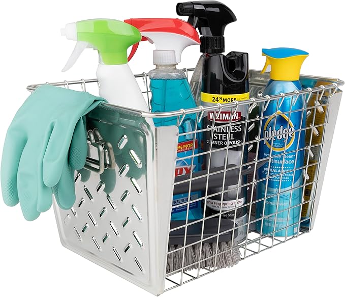 Tovolo Macklin, Stamped Steel & Wire Basket for Closet & Cubby Storage Vintage-Inspired Design with Customizable Label Plate, Medium, Zinc