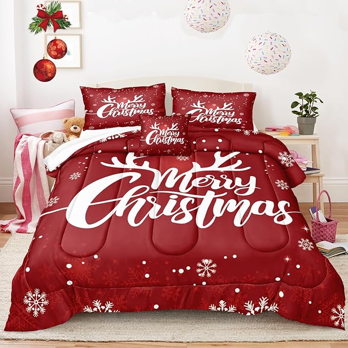 Bedbay Merry Christmas Comforter Set Christmas Bedding Queen Size Red Xmas Elk Snowflakes Printed Soft Microfiber Lightweight Fluffy Comforter Set for Boys Girls(Red,Queen)