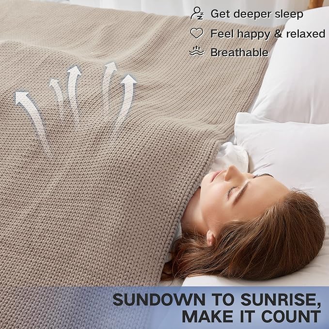 Knitted Weighted Blanket(Beige 50"x75" 20lbs),Home Décor Cooling Throw Blanket for Hot Sleepers,Hand Made Chunky Knit Heavy Blanket for Adults Use on Full Size Bed