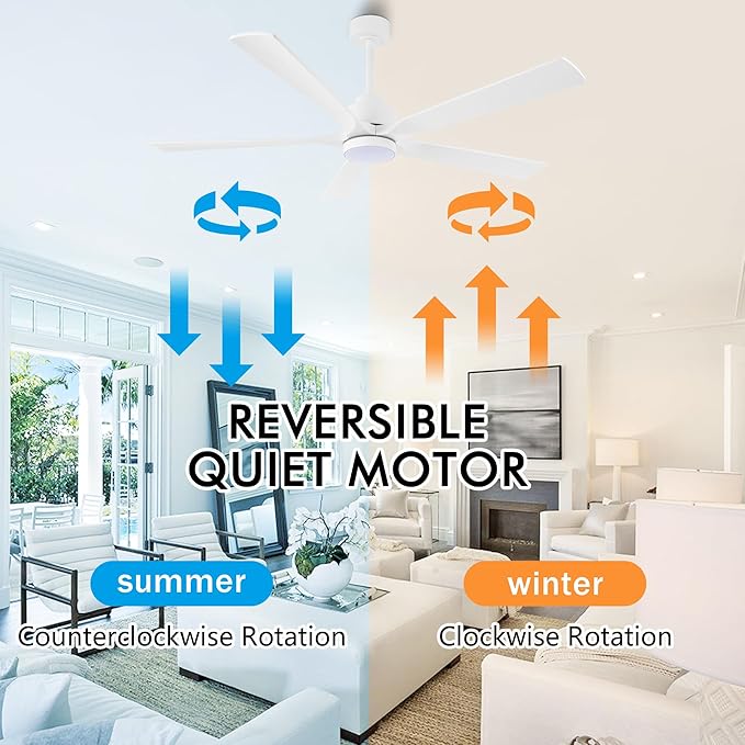 60" Modern Ceiling Fan with Lights and Remote Control, 5 Solid Wood Blades 6-Speed Noiseless Reversible DC Motor, Ceiling Fan for Bedroom Dinning Living Room, White