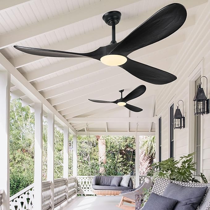 52 Inch Ceiling Fans with Lights and Remote Control, Wood Outdoor Ceiling Fan with Light 3 Blade Modern Black Ceiling Fans Propeller for Patios Porch Garage, ETL Listed DC Motor, Matte Black