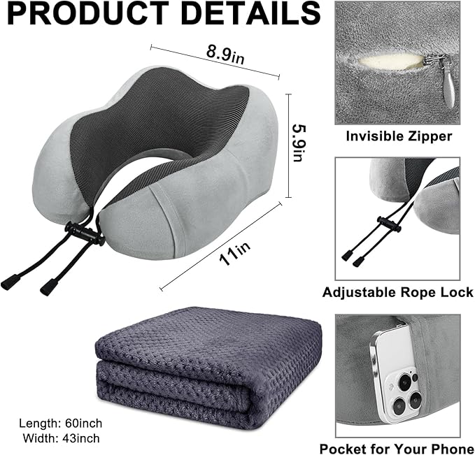 Travel Pillow and Blanket Set Neck Pillow Airplane Memory Foam for Traveling Compact with Bag Grey