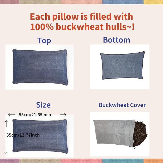 Buckwheat Pillow for Sleeping-Breathable for Cool Sleep,Cervical Support for Back and Side Sleepers(Organic Buckwheat Hulls),Korean Style,Standard Size 22"x14"(1pc).Navy Blue Color