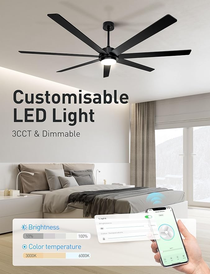 72" Wood Black Smart Ceiling Fan with Light and Remote via WIFI Alexa APP Control,6 Speed Quiet DC Motor,Dimmable LED Light,Indoor Outdoor Ceiling Fans for Patios or Bedroom