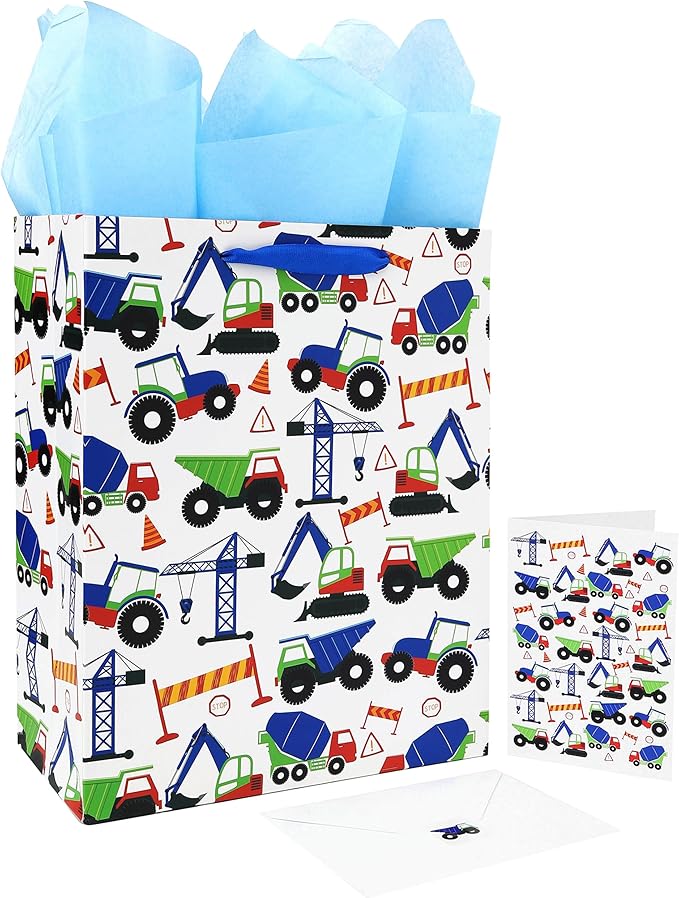 13" Large Vehicle-themed Gift Bags Set with Greeting Card and Tissue Paper (Blue Car Design) for boys, Kids Birthday Party,Baby boy,Baby Shower,Newborn,New Moms or Parents -10.2”x5.2”x13”, 1 Pcs