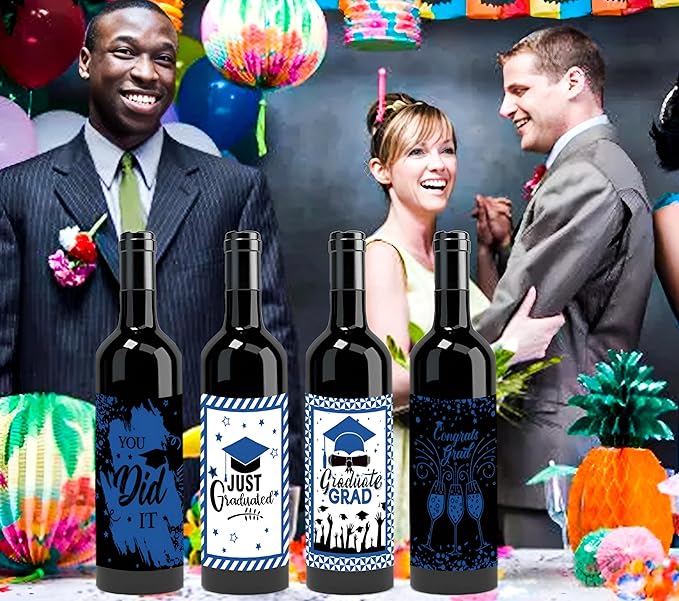 24Pcs Graduation Gift Wine Labels Congrats Grad Wine Bottle Stickers Graduation Party Waterproof Wine Bottle Decoration Cover for College Congrats Graduation Party Decorations, 4 Design