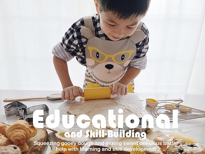 35-Piece Kids Baking Set with Teddy Bear Apron, Kid Friendly Knives, Cookie Cutters, Rolling Pin, Cutting Board, Whisk, Real Silicone Kitchen Accessories for Cooking and More