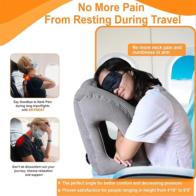 Inflatable Travel Pillow - Airplane Pillow for Neck Support on Long Flights, Buses, Cars, Office & Trains - Comes with Eye Mask, Earplugs & Portable Drawstring Bag - Grey