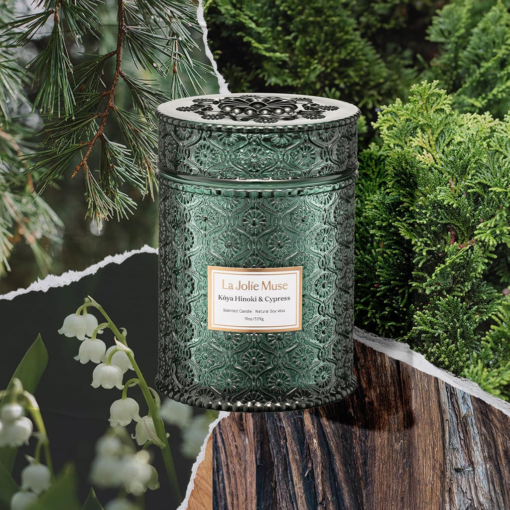 LA JOLIE MUSE Kōya Hinoki & Cypress Scented Candle – Pine, Leather & Hinoki | 19 oz Festive Christmas Candle | Wooden Wick | Clean Burn & Vibrant Scent | Fun Gift for Hosts & Fall Tablescapes