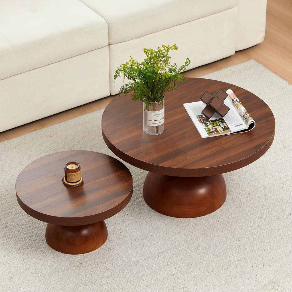 Solid Wood Round Nesting Coffee Table Set of 2, Circle Accent Tables with Unique Semi-Circular Legs, Modern Farmhouse Side End Table Set for Small Space Living Room Office (Walnut)