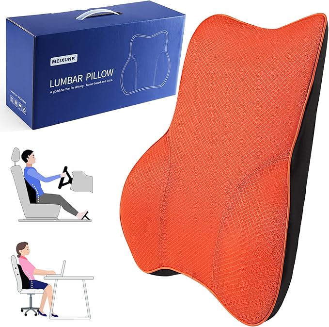 Soft Memory Foam Lumbar Support Pillow for Car Seat and Office Chair Back Support Pillow, Back Cushion for Pain Relief Improve Posture (Mesh-Orange)