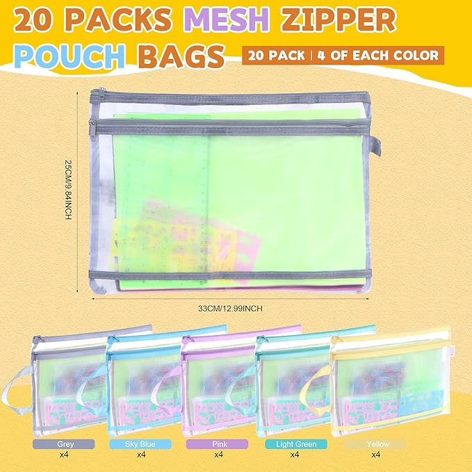 20 Pack Colored Mesh Zipper Pouch Bags,5 Color，A4 Double-Layer Nylon Puzzle Building Block Sets Toy Storage Organization, Mesh Bags with Zipper and Handle for School Office Playroom Storage