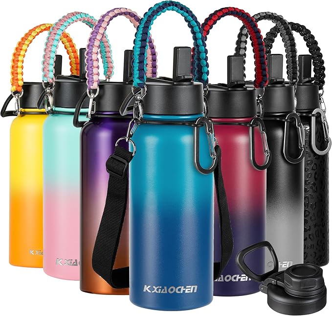 32 oz Insulated Water Bottle with Paracord Handles & Strap, 2 Lids(Straw Lid&Spout Lid), Stainless Steel Reusable Wide Mouth Metal Water Bottle With Straw, Double Walled, Thermo Mug(Dark Night)