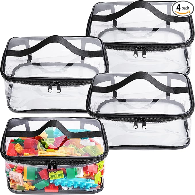 4 Packs Clear Toy Storage Bags- 9.4 x 6.7 x 4.3 Inch Transparent PVC Toy Organizing Bags with Zipper- Waterproof Toy Storage Organizer Pouch for Building Blocks, Small Toys (Black)