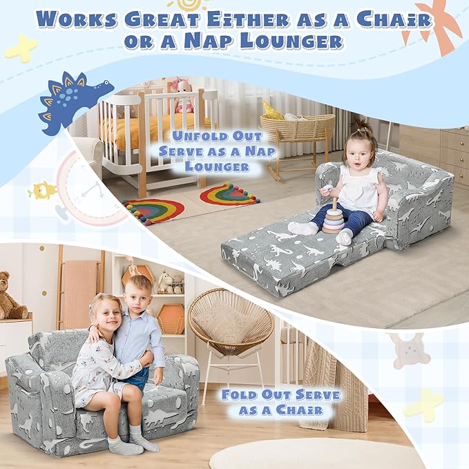 2-in-1 Toddler Chairs Comfy, Toddler Couches That Fold Out,Glow in The Dark, Extra Wide Kids Chairs for Toddler, Baby Couch for 1-3 Year Old, Gifts for Girls & Boys, Gray