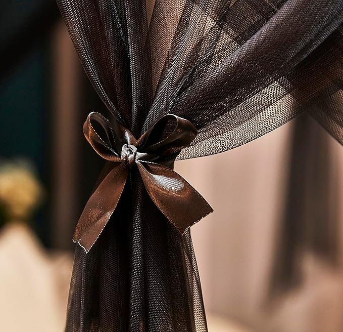 Mengersi Bed Canopy Canopy Bed Curtains with Lights- 4 Corners Post Royal Bed Drapes Mosquito Net- Elegant Bedroom Decoration Accessories for Adults(Queen,Black)