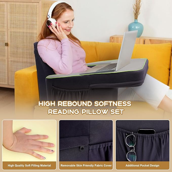 Reading Pillow for Gaming with Wedge Pillow, Gaming Pillow and Bed Wedge Pillow with Memory Foam, Memory Foam Bed Rest Pillow for Reading, Working, Gaming Sitting in Bed/Floor/Sofa(Grey)