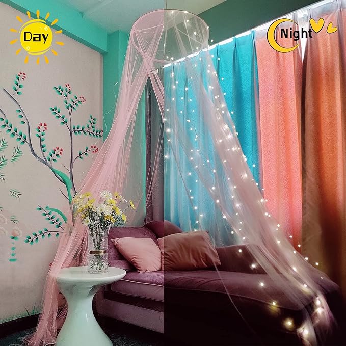 Eimilaly Bed Canopy Mosquito Net with 250pcs Warm White Curtain Lights, Bed Canopy for Girls Room Decor or Theme Party, Pink/Warm White Lights
