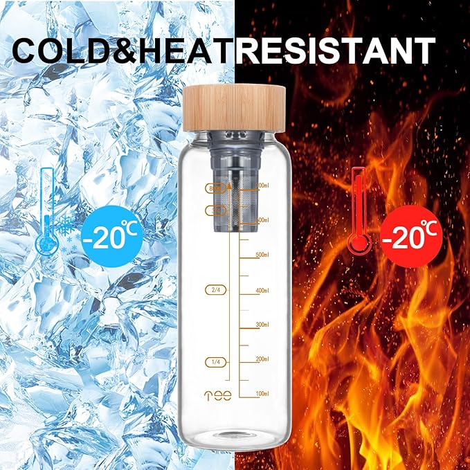 29oz Glass Water Bottle, Leak-Proof, with Stainless Steel Tea Infuser, BPA-Free, Suitable for Office, Car, Gym, and Travel, Reusable, for Hot and Cold Beverages (Circular-29oz-2pcs)