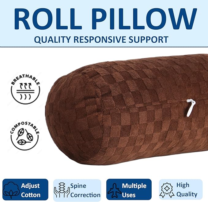 Health Cervical Neck Roll, Comfortable and Highly Resilient Bolster Pillows, Round Neck Pillows Support for Sleeping, Large Size Bolster Pillow for Bed, Legs, Back and Yoga (Checkerboard--Brown)