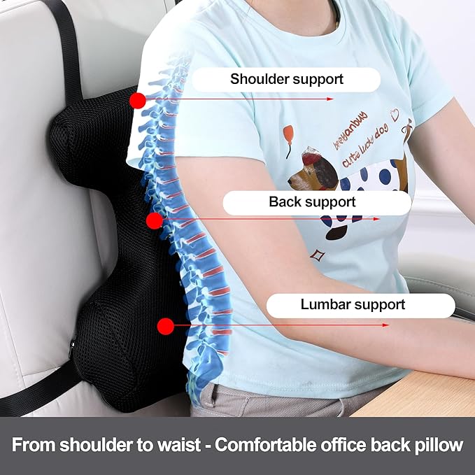BALAPET Lumbar Support Pillow for Office Chair,Ergonomic Memory Foam Breathable I-Shape Back Pillow with Adjustable Straps,Full Back and shoulder Support for Improved Sitting Posture and Relief Pain