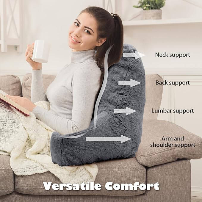 Reading Pillow Large Bed Pillow,Backrest with Arms, Back Support for Sitting Up in Bed, Couch for Lounging Bedrest,Grey