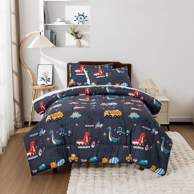 Meeting Story Construction Truck Car Twin Kid Comforter Set for Boys,5 Pieces Dinosaur Bedding Set with Sheets and Pillowcases，Excavator Lightweight Microfiber Bedding Sets（Grey，Twin5pcs）