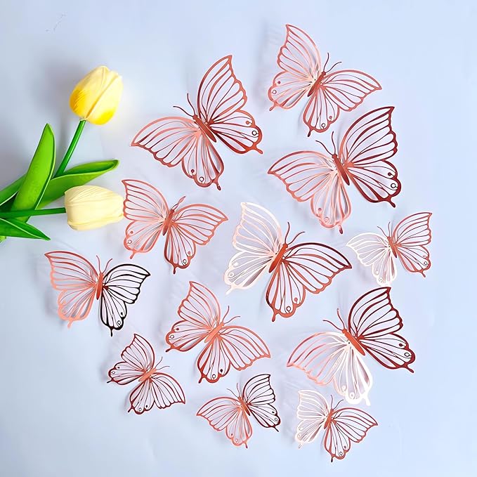 3D Butterfly Wall Decor 3 Sizes 4 Styles, Kurilai 48Pcs Butterfly Decorations Party Birthday Cake Decoration, Removable Wall Stickers for Kids Nursery Wedding Bedroom Room Decor (Rose Gold)