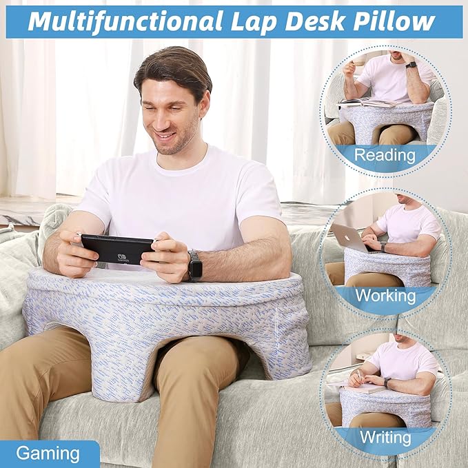 Reading and Gaming Pillow, Pillow Table with Premium Memory Foam Adjustable Comfort, Multi-Functional Lap Desk for Reading, Working, Playing, 23.6x10.2inch, Blue