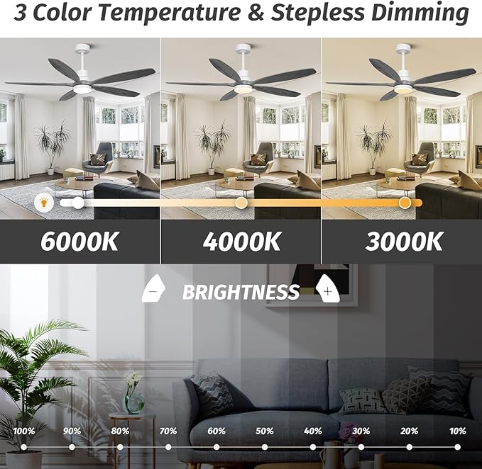 60" Ceiling Fan with Light and Remote,Reversible DC Motor,6Speed,Modern Natural Wood Ceiling Fan with Dimmable LED for Outdoor Patios Bedroom Living Room,Grey Walnut and White