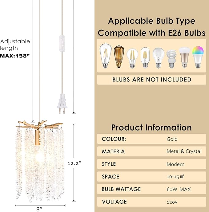 Plug in Crystal Chandelier with 15Ft Cord Modern Pendant Light for Bedroom Mini Antler Hanging Lamp for Kitchen Island Dinning Bedrooms and Hallway(1 Light)