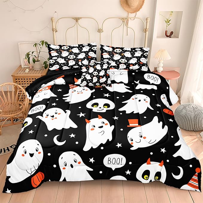 Bedbay Happy Halloween Comforter Set Queen Size Cartoon Ghost Horror Themed Bedding for Kids Boys Teen 4 Pcs Soft Microfiber Bedding Sets for All Season(Ghost,Queen)