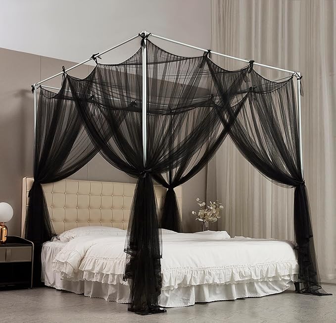 Mengersi Canopy Bed Curtains Bed Canopy with Lights for Girls, Bed Netting Unique Style 4 Door Mosquito Net for Adults Women Bedroom Decor (Black+Lights, California King)