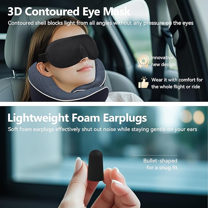 Orthopedic Neck Pillow Travel Neck Pillows for Airplanes, Memory Foam Kit, Updated Resting Material, Airplane Travel Set with 3D Contoured Eye Masks, Earplugs, and Luxury Mesh Bag (Blue)