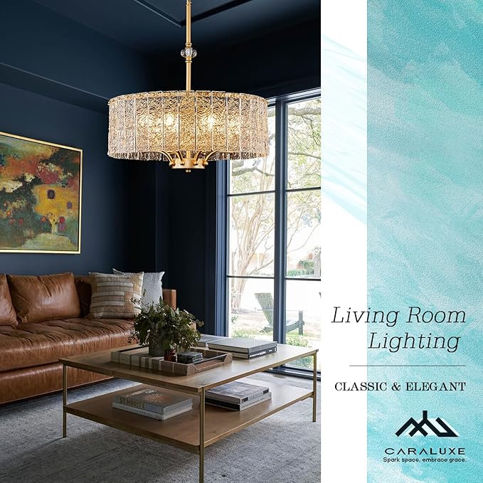 Modern Glass Chandelier Gold Drum Chandelier Light Fixture Round 24in Dining Room Chandelier Lighting 8 Light Ripple Glass Chandelier for Living Room Bedroom Entry Foyer