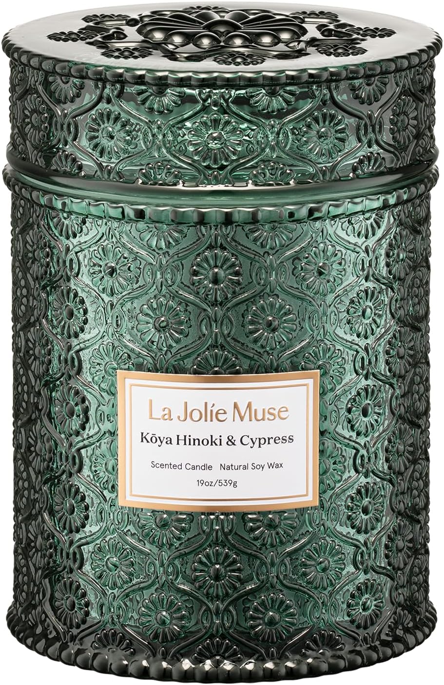 LA JOLIE MUSE Kōya Hinoki & Cypress Scented Candle – Pine, Leather & Hinoki | 19 oz Festive Christmas Candle | Wooden Wick | Clean Burn & Vibrant Scent | Fun Gift for Hosts & Fall Tablescapes