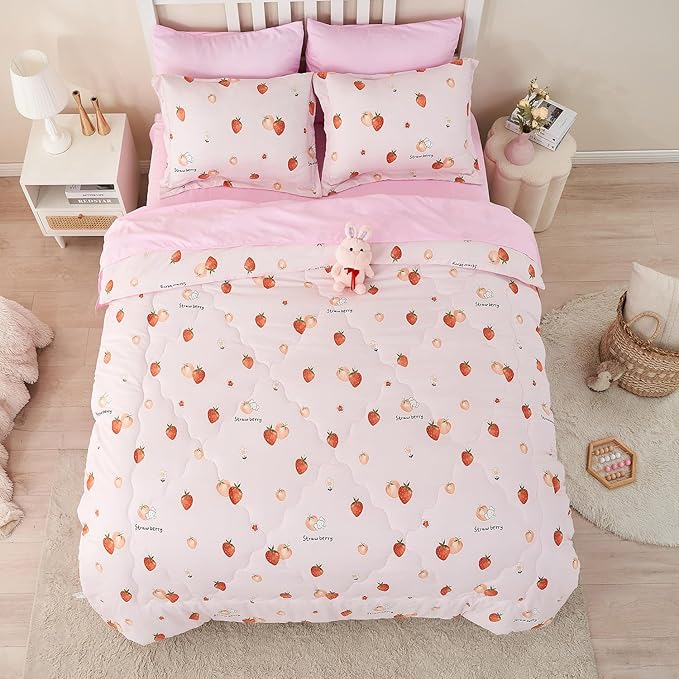 Wajade Girls Strawberry Comforter Set Bed in A Bag Twin Size 7 Piece Pink 3D Cute Strawberry Fruit Bedding Set for Kids (1 Comforter, 1 Flat Sheet, 1 Fitted Sheet, 2 Pillowcase and 2 Pillow Sham)