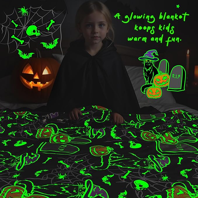 Halloween Blanket Pumpkin Glow in The Dark Blanket Cat Halloween Decorations Cute 60"x80"