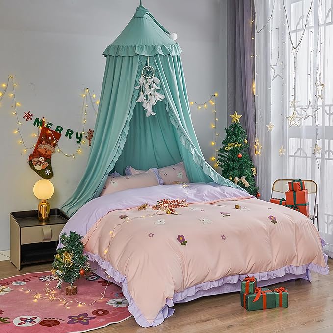 VETHIN Bed Canopy for Girls Kids,Princess Round Dome Children Dreamy Mosquito Net Bedding Girls Room Castle Play Tent Hanging House Decor Reading Nook Canopies (Green)