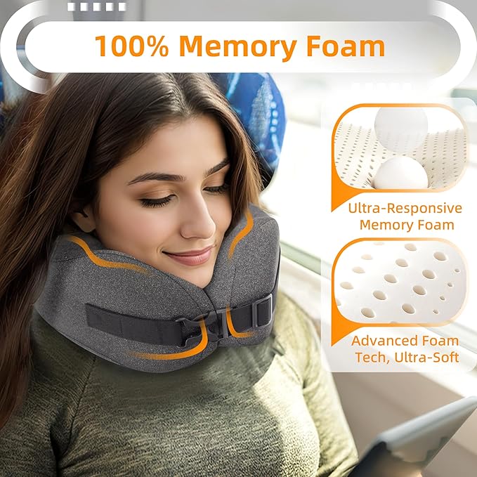 Neck Pillow Airplane Travel Set - Pure Memory Foam Travel Neck Pillow, Plane Pillow for Long Flights Essentials, Sleeping Travel with 3D Contoured Eye Mask, Earplugs, Portable Bag (Gray)