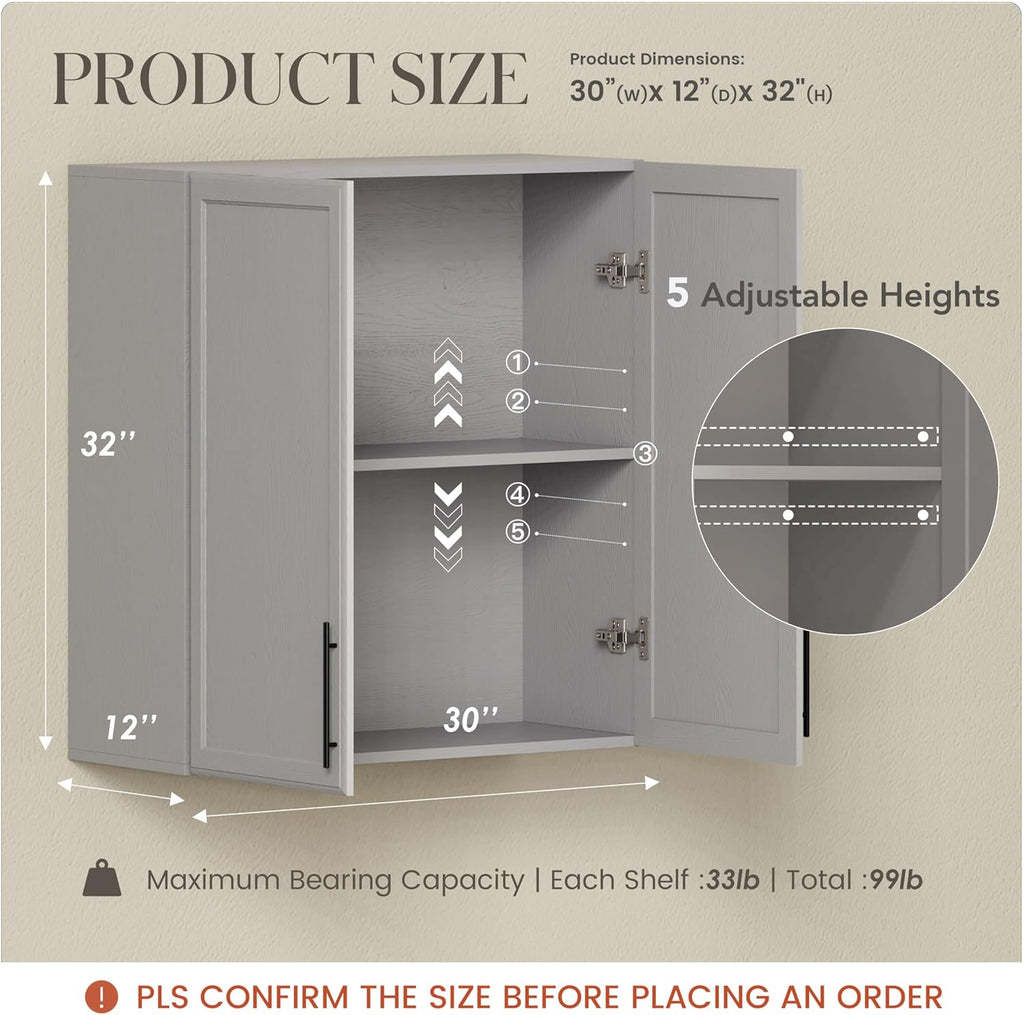 FIMELLO 30" Kitchen Wall Storage Cabinet with Adjustable Shelf, Laundry Cabinet with Doors, Bathroom Storage Cabinet Wall Mount, Storage Cabinet for Bathroom, Kitchen, Laundry Room Cabinet, Grey