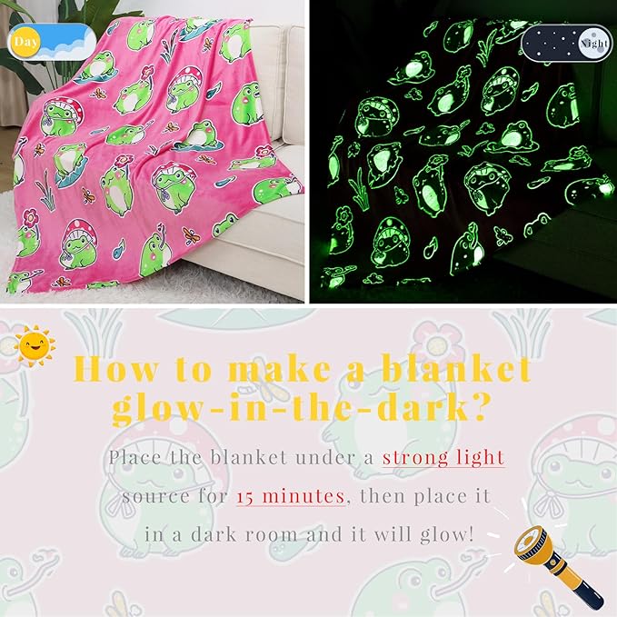 Cute Frog Blanket Glow in The Dark Blanket Frog Gifts for Kids Girls Frog Decor 40"x50"