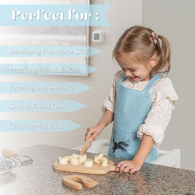 Kids Cooking Sets Real, 6 Piece Wooden Cooking Set for Kids with Montessori Kitchen Tools & Kids Aprons for Cooking, Food Grade Approved, Toddler Kitchen Set with Toddler Apron