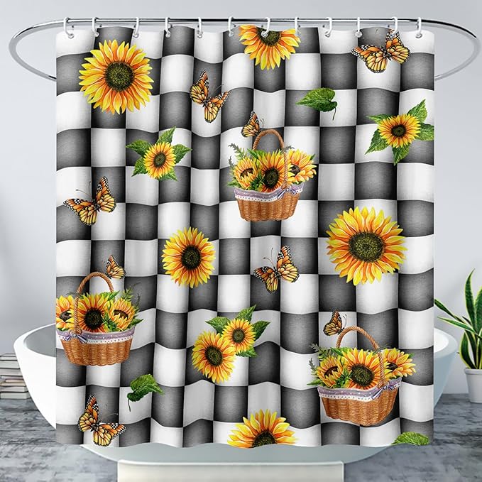 AILONEN Sunflower Shower Curtain for Bath Curtain,Black and White Grid Butterfly Bath Curtain,Garden Flower Yellow Floral Waterproof Shower Curtain 48" W x 72" H