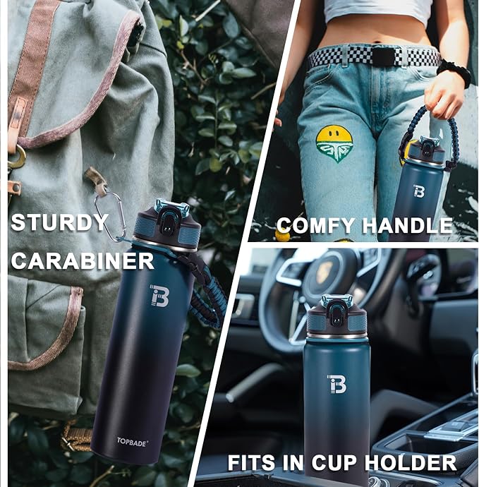 32oz Insulated Water Bottle with Straw Lid & Spout Lid & Paracord Handle, Stainless Steel Water Bottle Wide Mouth, Double Wall for Women Men Gym Fitness Outdoor